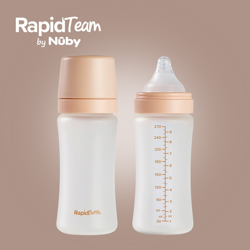 Nuby RapidBottle 270ml Baby Bottle 2 Pack Beige on the brown background 