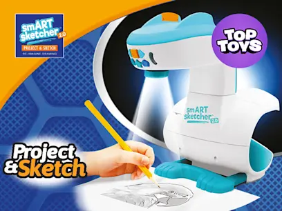 A person using the SmART Sketcher Projector 2.0 Tracing Drawing Set to draw on a blue and orange background. 