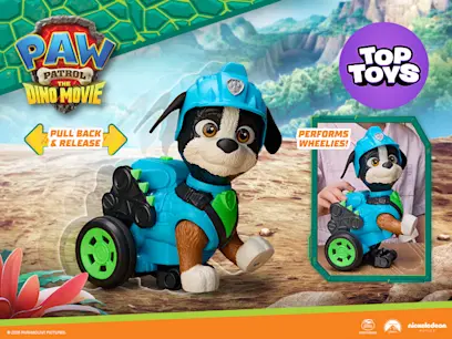 The PAW Patrol: The Dino Movie Rippin' Rescue Rex toy displayed against the PAW Patrol: The Dino Movie themed background.