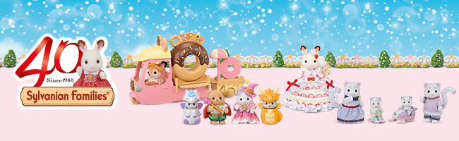 Sylvanian Families' toys on a blue and pink background.