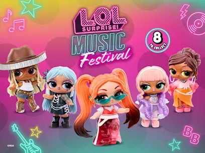 Five dolls from the LOL Surprise! Tots Music Festival Doll Blind Box Assortment on a bright music themed pink and green background.