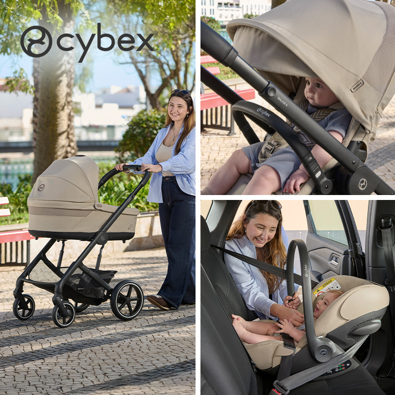 different variants of Cybex Balios S Lux Travel System Bundle with Cloud G i-Size R129 Car Seat Almond Beige on the outdoor background