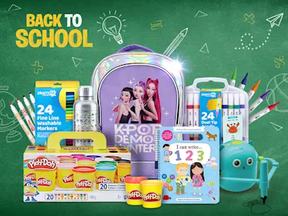 A selection of toys and school bags on a black background with the Back to school logo in top left and various school related icons on the background.