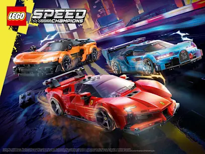 Three cars from the LEGO Speed Champions range on an animated background. 