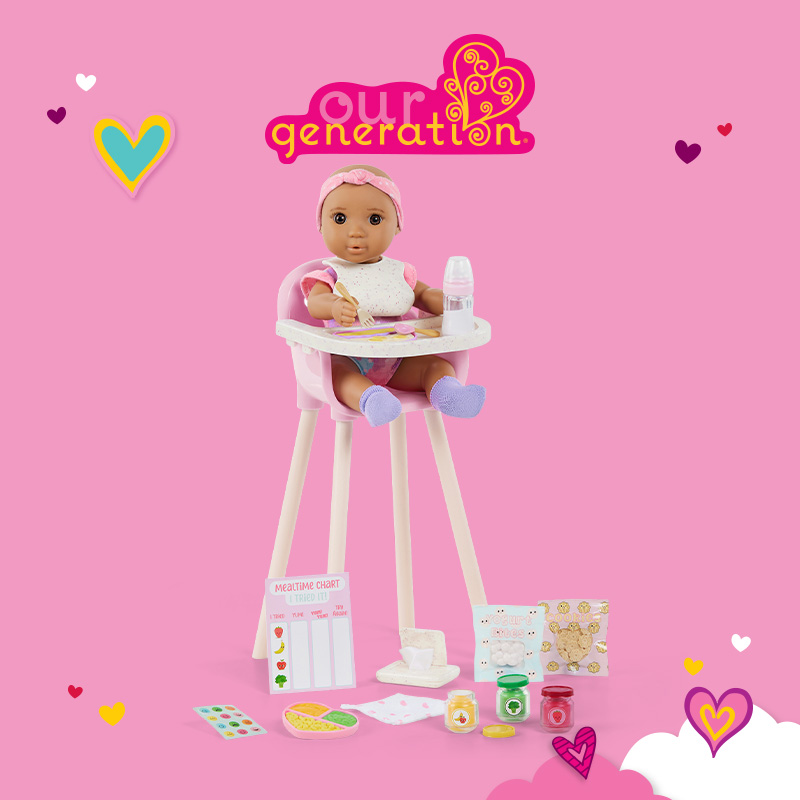 Our Generation Baby Emilia & Mealtime Set on the pink background 