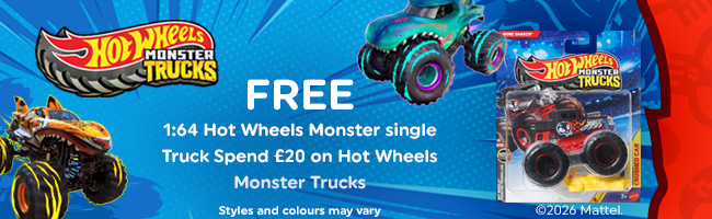 Hot Wheels Monster Trucks logo with teal and orange monster trucks: "FREE 1:64 Hot Wheels Monster single Truck, Spend £20 on Hot Wheels Monster Trucks," boxed truck shown, styles may vary.
