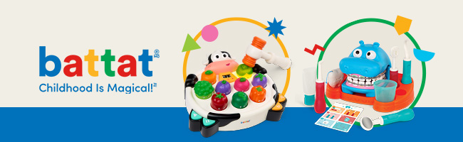 Battat logo on a cream and blue background with two Battat toy playsets
