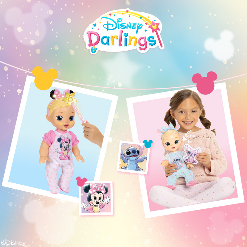 Both Disney Darlings Dolls Stitch and Minnie Mouse on a blue background.