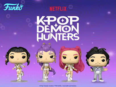 Four Funko POP! K-Pop Demon Hunters figures on a purple and pink gradient background.