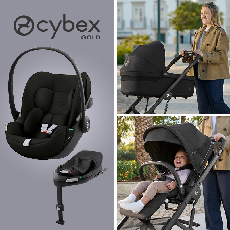 Cybex Balios S Lux Travel System Moon Black with Cloud G i-Size R129 Car Seat and 360° ISOFix Base in 3 different variants on an outdoor background.