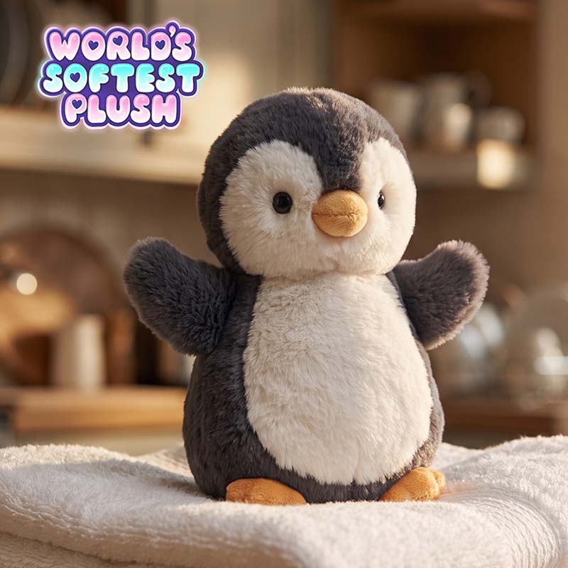 World's Softest Poppy the Plush Penguin on the indoor background 