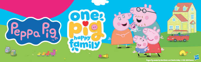 The Peppa pig family characters on the animation background with a callout for One Pig Happy Family