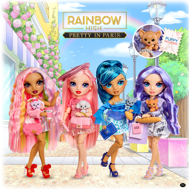 Rainbow High Pretty In Paris Dolls on a brightly coloured parisian themed background.