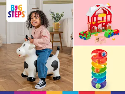 Big Steps promotional image showing a child riding a white and black inflatable horse, with a red toy farm set and a colourful multi-level ball drop toy displayed alongside.