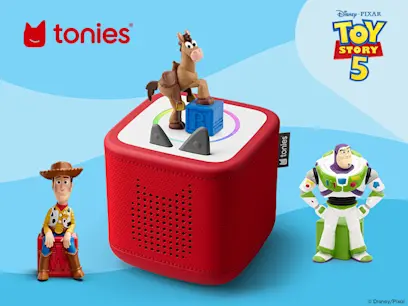 Red Tonies audio player featuring Toy Story characters. Bullseye figure stands on top beside a blue block, with Woody seated on the left and Buzz Lightyear on the right. Tonies logo appears top left and Disney Pixar Toy Story 5 logo top right.
