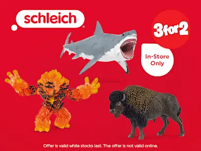 A selection of Schleich figures on a red background.