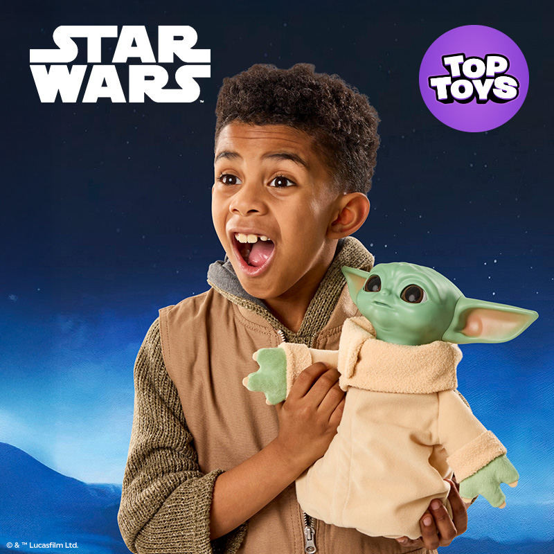 Star Wars: The Mandalorian and Grogu Action Buddy Grogu Interactive Toy on the dark blue background