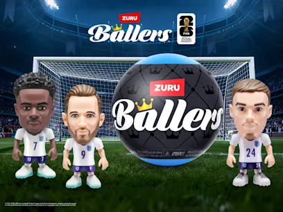 The FIFA WORLD CUP 2026 Ballers Series 1 by ZURU Assortment on a dark blue football pitch background.
