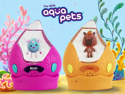 Aqua Pets Interactive Pet Muki and Capy on a undersea background.