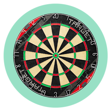 A circular dartboard with black, white, red and green scoring sections, numbered 1–20, centered on a mint-green background.