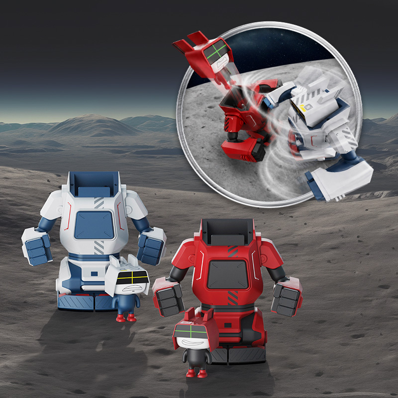 Sharper Image Mecha Brawlers toy promotional image featuring red and white transforming robot figures on a lunar landscape, with an inset showing the robots battling inside a circular arena.