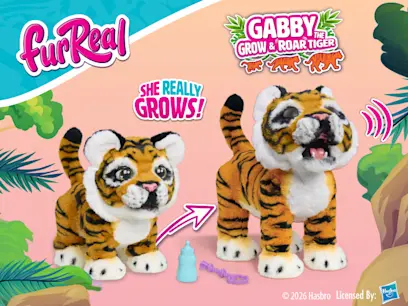FurReal Plush Toy Interactive Pet Gabby the Grow & Roar Tiger on a pink and blue background.