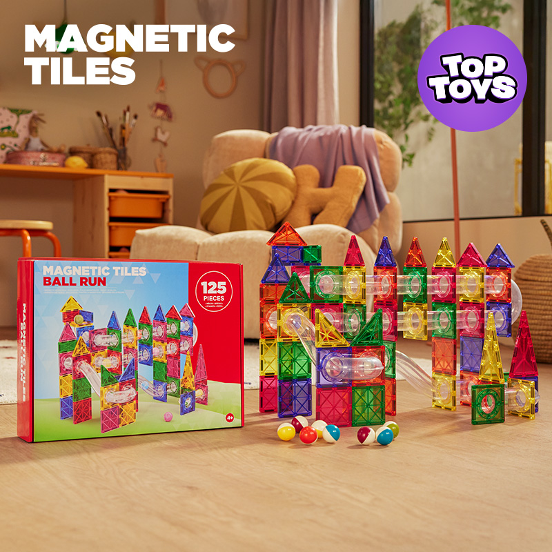 Magnetic Tiles Ball Run 125-Piece Set displayed on the floor in a room.