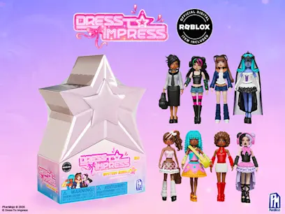 Dress to Impress Dolls Mystery Models Series 3 Assortment featuring a pink star-shaped mystery box, the Dress to Impress logo, an Official Digital Roblox Item badge, and eight collectible fashion dolls on a purple background.