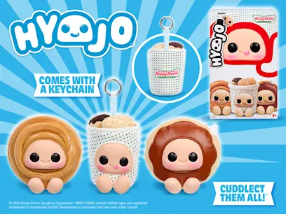 Promotional image for Hyojo Krispy Kreme collectibles, featuring three smiling doughnut-inspired plush characters, including one in a takeaway cup. The image highlights an included keychain, the product packaging and the slogan "Cuddlect Them All!"