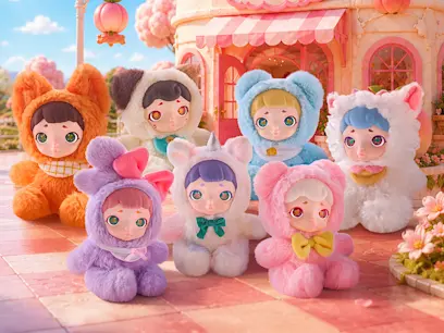 collection of Laura Girl Plush Keychains Dessert Shop Blind Box Assortment 14cm on the colourful background 