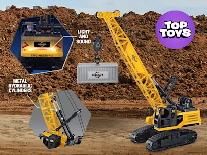 The Radio Control Crawler Crane with Sounds and Lights displayed on a construction site background.