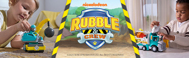 Boy and girl playing with different Rubble & Crew toys. Rubble and Crew logo in the centre on the cartoon background.