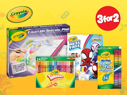 selection of Crayola items on the offer 3 for 2 on the yellow background 