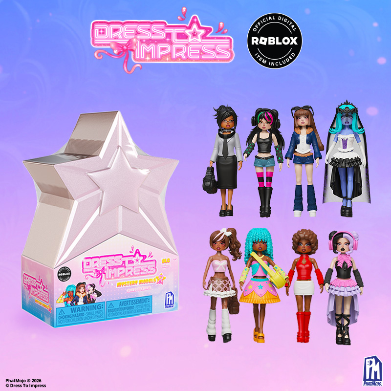 Dress to Impress Dolls Mystery Models Series 3 Assortment featuring a pink star-shaped mystery box, the Dress to Impress logo, an Official Digital Roblox Item badge, and eight collectible fashion dolls on a purple background.