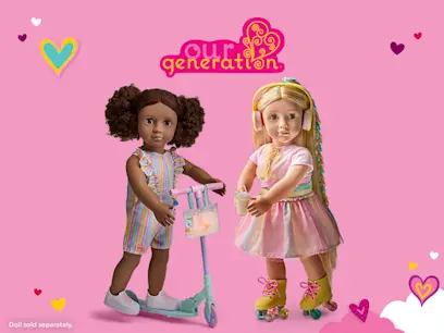 Our Generation dolls shown against a pink background. One doll holds a scooter while another wears headphones and roller skates; hearts and the Our Generation logo decorate the scene.