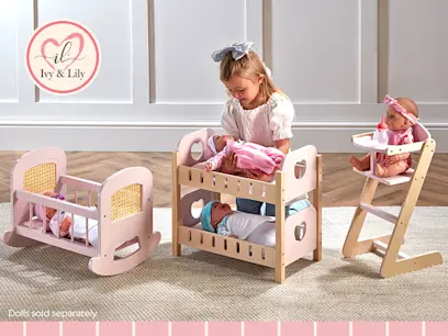 selection of Ivy & Lily Wooden Baby Dolls Cradle, Bed and Highchair on the indoor background 