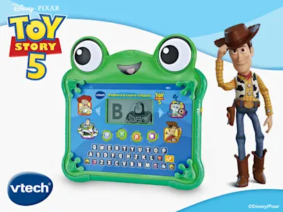 VTech Disney Pixar Toy Story 5 Explore & Learn LilyPad on a white background with a Woody character on the right. 