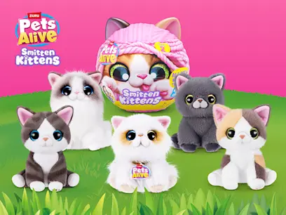The Pets Alive by ZURU Smitten Kittens Interactive Plush Series 2 Assortment toys on a green and pink background.