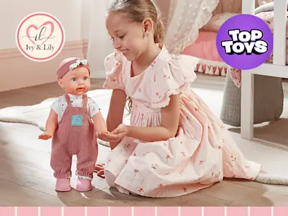 A girl holding and playing with the Ivy & Lily Baby Learns to Walk Interactive Doll in a bright room.