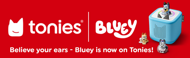 Tonies Bluey Starter Set on a red background with white text.