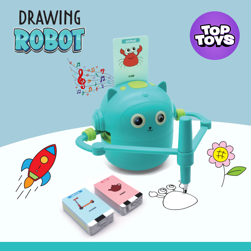 Drawing Robot Set on the blue and white background 