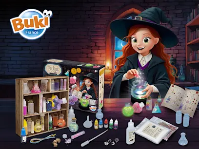 Buki France Potions Lab Set displayed with colorful potion bottles, ingredients and tools on a table. An illustrated young witch demonstrates the set beside its packaging in a dark, magical laboratory setting.