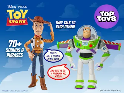 Toy Story Ultimate Action Woody & Buzz Lightyear Interactive Action Figures on a blue cloud background.