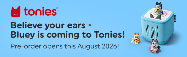 Tonies Bluey Starter Set on a blue background with black text.
