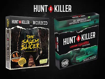 collection of hunt a killer board games on the black background