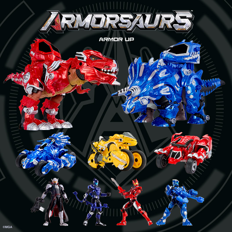 A selection of Armorsaurs action figures & vehicles on a black background.
