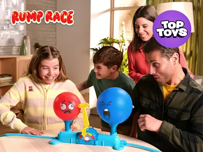 A family playing the Rump Race Game on a table in a bright living room.