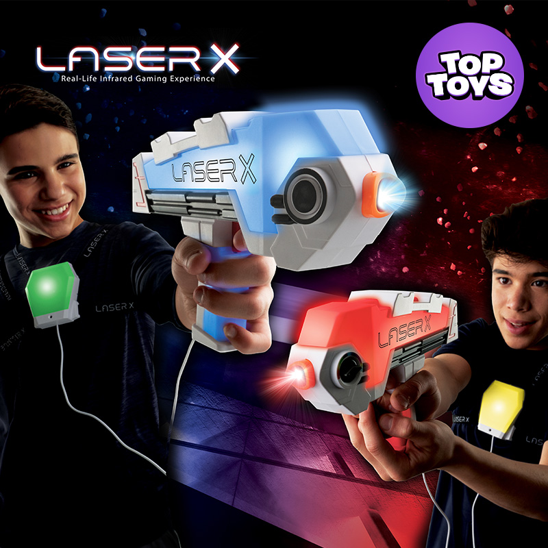 Two kids playing with the Laser X Revolution Laser Tag Double Blasters 2 Pack in a dark room.