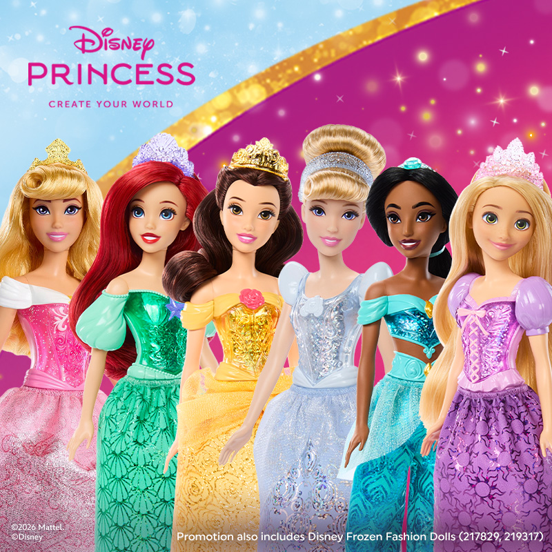 selection of Disney Fashion Dolls on the pink and blue background 