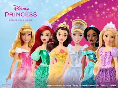 Six Disney Princess dolls on a blue and purple background.
